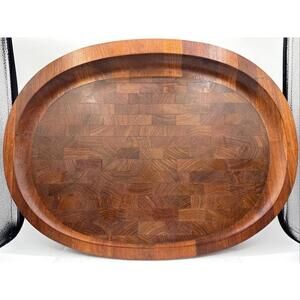 Vintage Dansk Denmark IHQ Round Slanted Teak Wood MCM Tray Cutting Board 21x16”